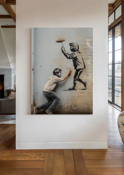 Boy Draws Figure on Wall Street Art Graffiti Painting