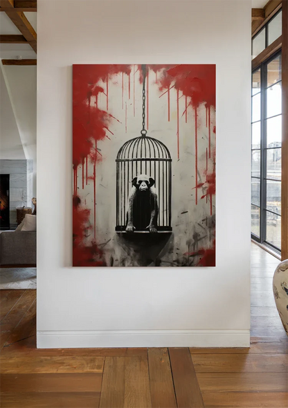 Monkey in Hanging Cage with Red Paint Drips Street Art Painting