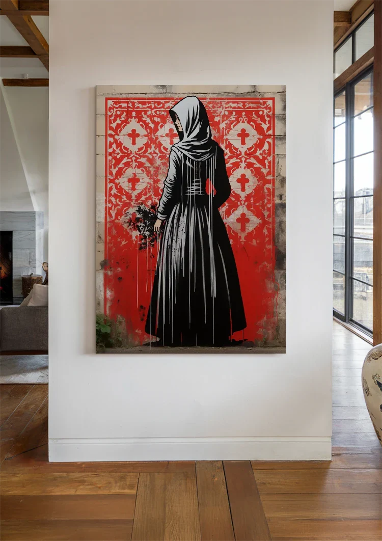 Figuur in Zwarte Mantel met Bloemen op Rode Achtergrond Schilderij