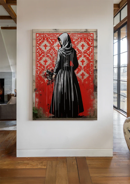 Figuur in Zwarte Mantel met Bloemen op Rode Achtergrond Schilderij