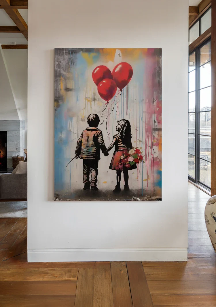 Zwei Kinder Hand in Hand Rote Herzballons Streetart Gemälde