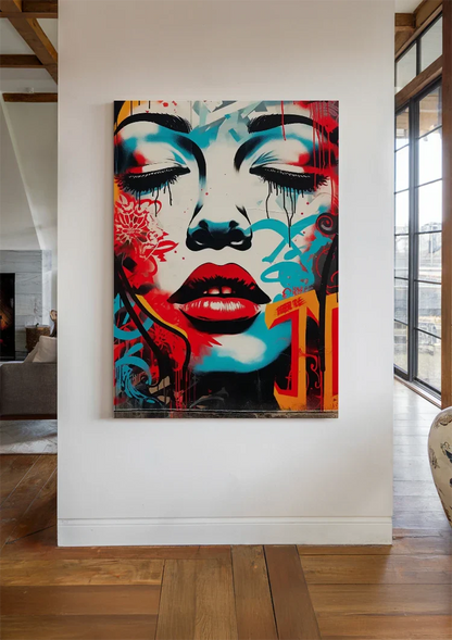 Woman's Face with Red Lips and Blue Tones Pop Art Painting