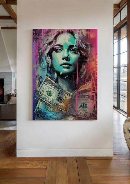 Woman with Dollar Bills Colorful Pop Art Painting