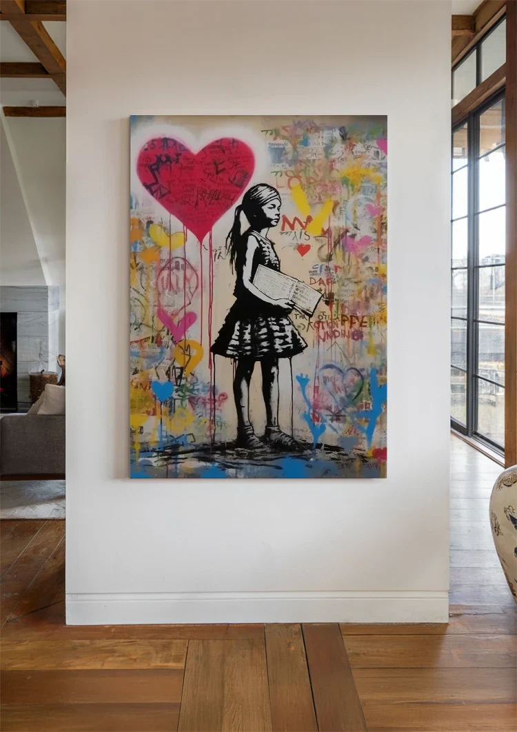 Girl with Letter Red Heart Colorful Graffiti Street Art Painting