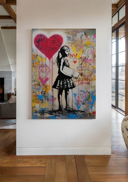 Girl with Red Heart Balloon on Colorful Graffiti Background Painting