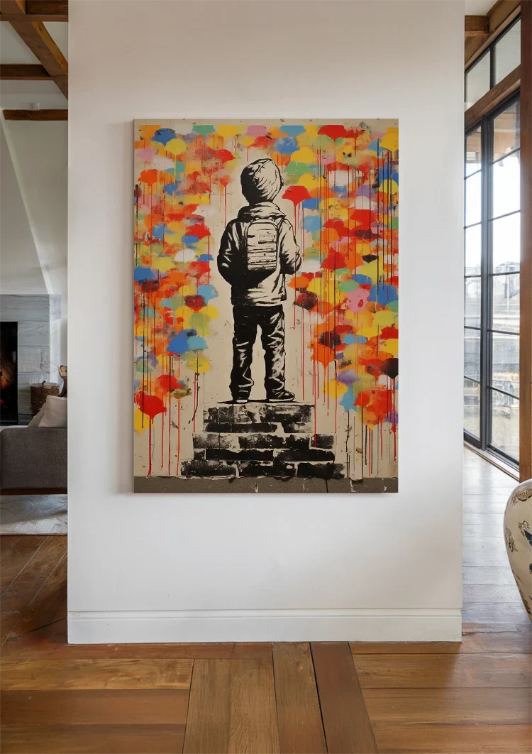 Child With Backpack Colorful Paint Drips Banksy Style Urban Street Art Painting