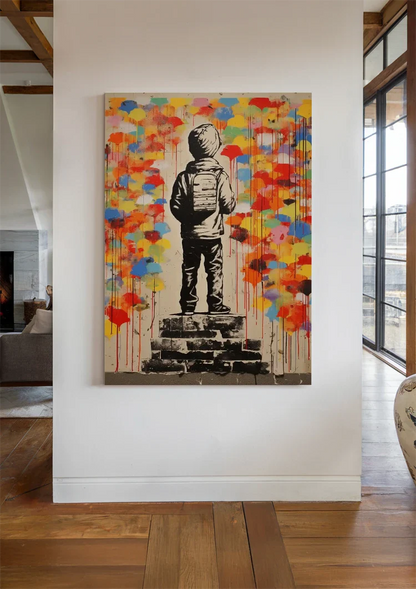 Child With Backpack Colorful Paint Drips Banksy Style Urban Street Art Painting