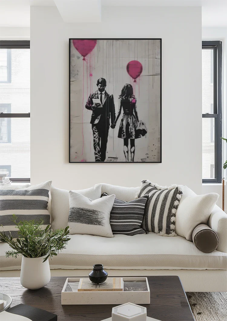 Man and Woman with Pink Balloons Graffiti Street Art Painting