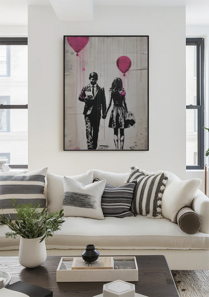 Man and Woman with Pink Balloons Graffiti Street Art Painting