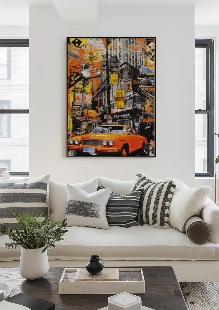Orange Vintage Car Street Scene Pop Art Painting
