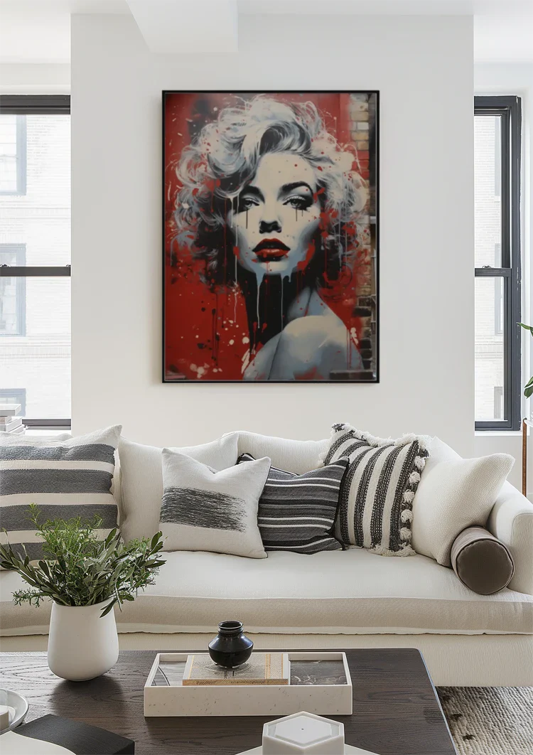 Black and White Female Portrait Red Lips Pop Art Painting