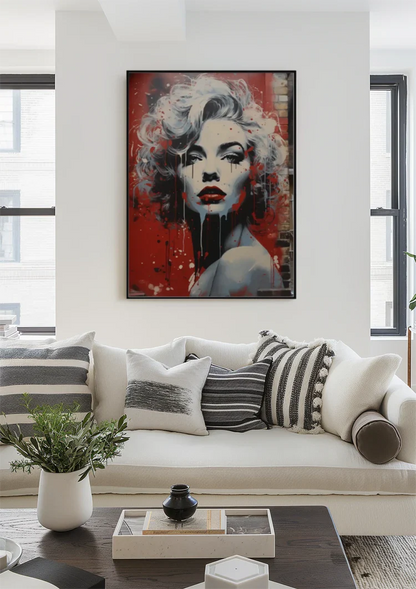 Black and White Female Portrait Red Lips Pop Art Painting