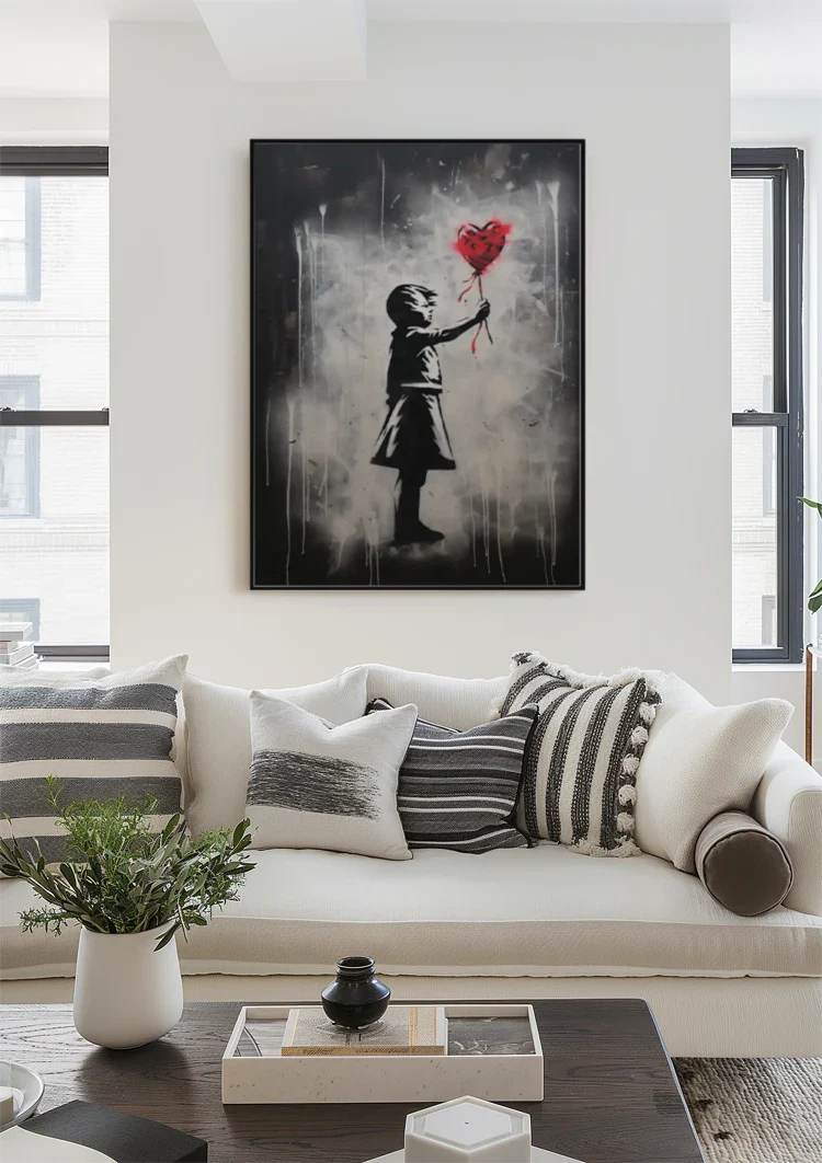 Girl Reaching for Red Heart Balloon Street Art Painting