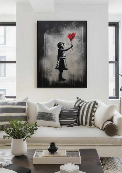 Girl Reaching for Red Heart Balloon Street Art Painting