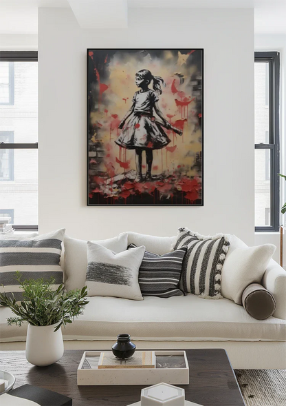 Girl with Red Butterflies Graffiti Street Art Painting