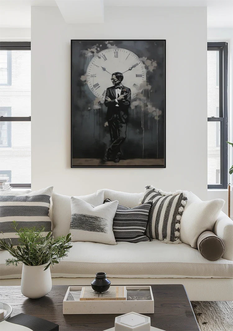 Man in Suit by Big Clock Graffiti Street Art Painting