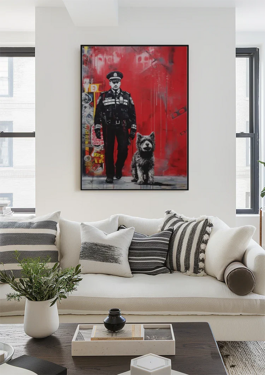 Politieagent met Hond Rode Graffiti Straatkunst Canvas Schilderij