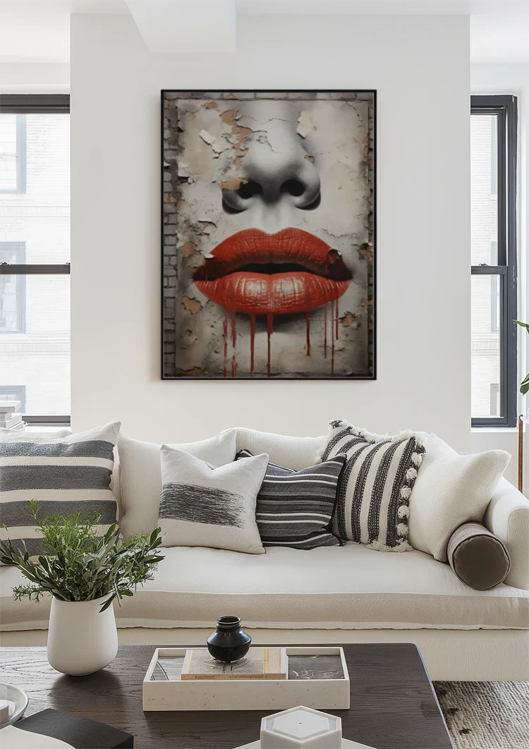 Rote Lippen Tropfendes Street-Art-Gesicht Verwitterte Mauer Grunge-Gemälde