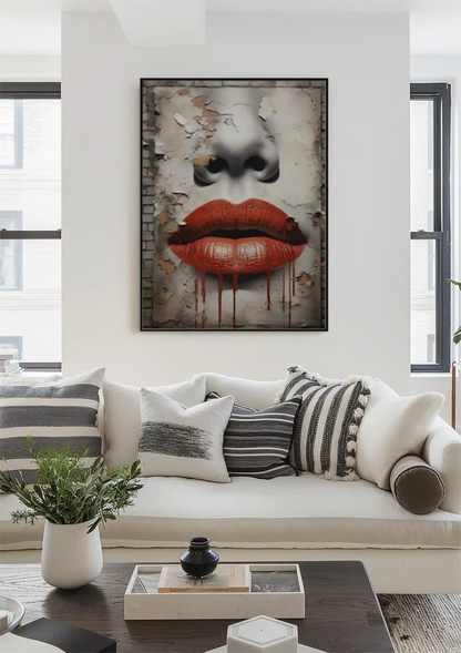 Rote Lippen Tropfendes Street-Art-Gesicht Verwitterte Mauer Grunge-Gemälde