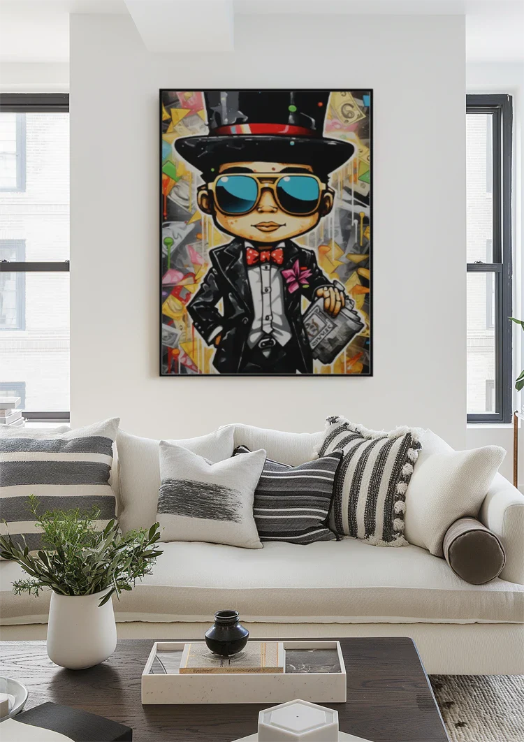 Dapper Man Black Suit Top Hat Sunglasses Newspaper Pop Art Painting