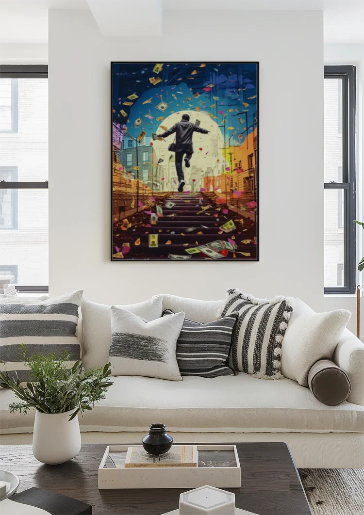 Happy Man Suit Stair Raining Banknotes Pop Art Painting