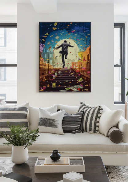 Happy Man Suit Stair Raining Banknotes Pop Art Painting