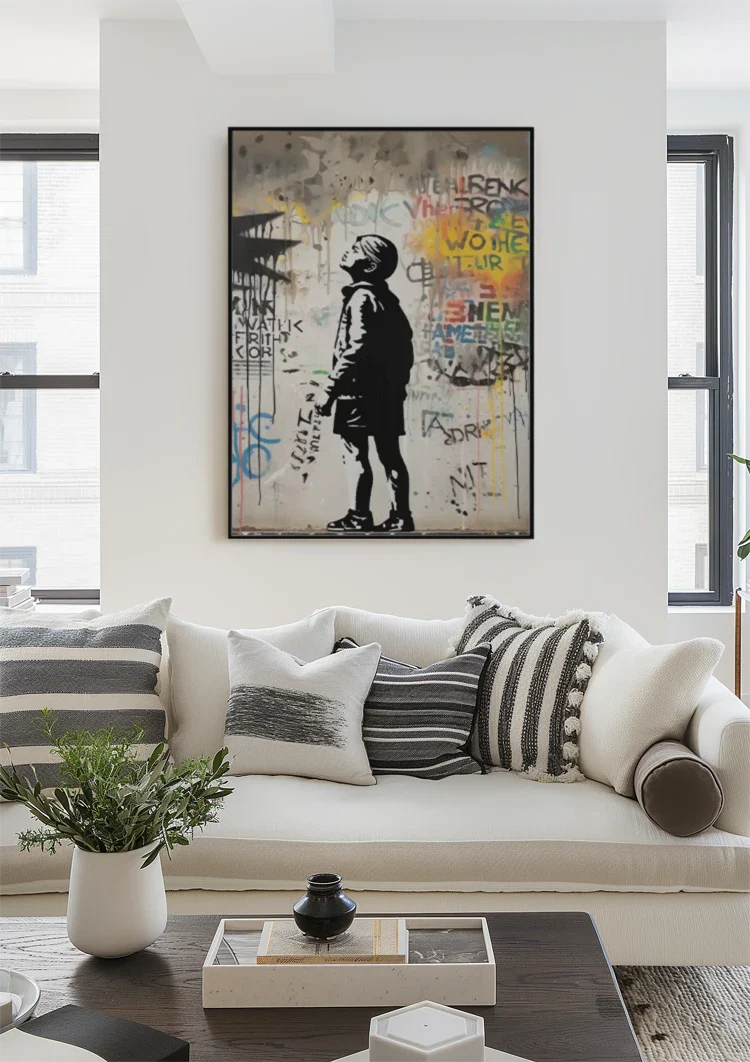 Boy by Graffiti Wall with Colorful Word Painting
