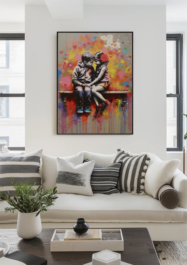 Twee Kinderen op een Bankje Kleurrijk Schilderij