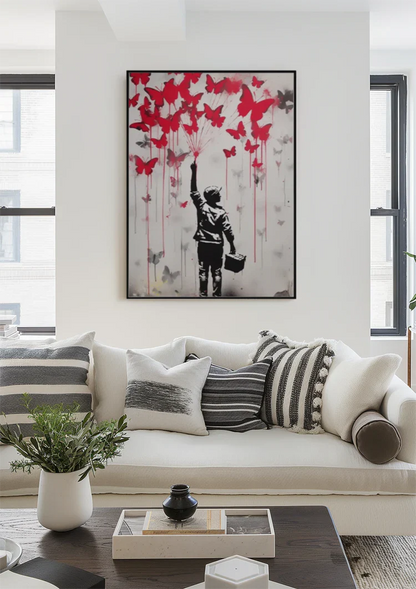 Junge mit roten Schmetterlingen Street Art Silhouettenbild