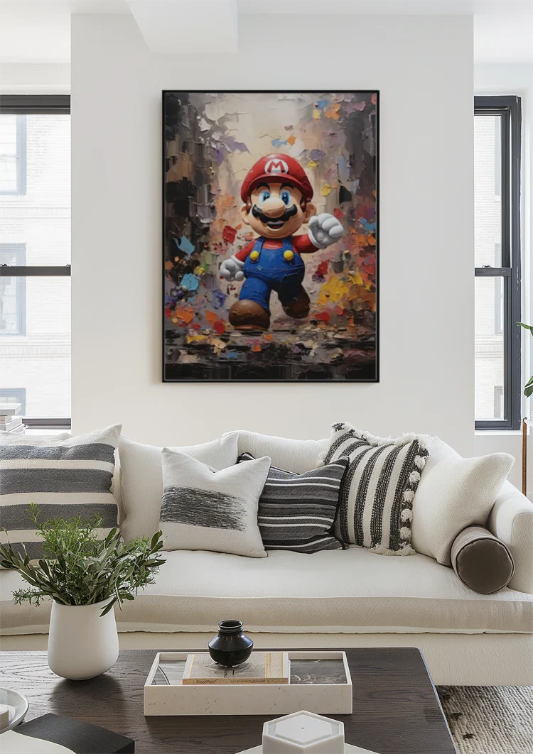 Kleurrijk Retro Gamefiguur Rode Pet Blauwe Overall Schilderij