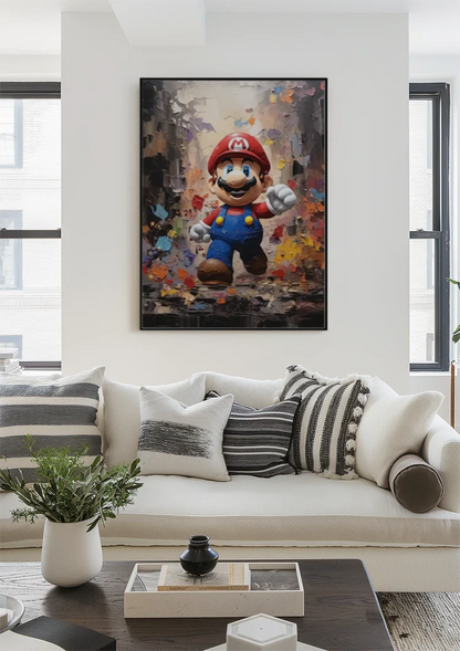 Kleurrijk Retro Gamefiguur Rode Pet Blauwe Overall Schilderij