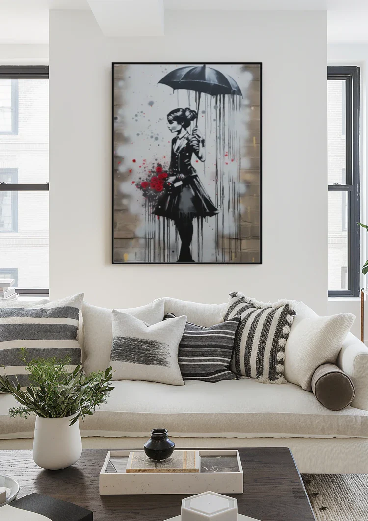 Elegant Lady with Umbrella and Red Roses Painting