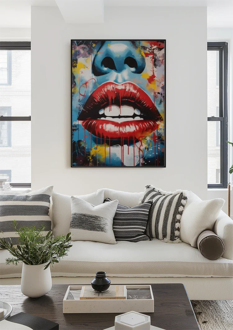 Zbliżenie czerwone usta wyrazisty obraz na płótnie pop-art