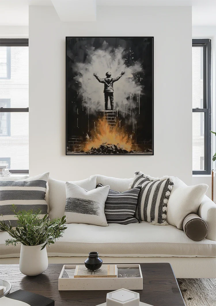 Figure on Ladder with Arms Up Over Flames Street Art Painting