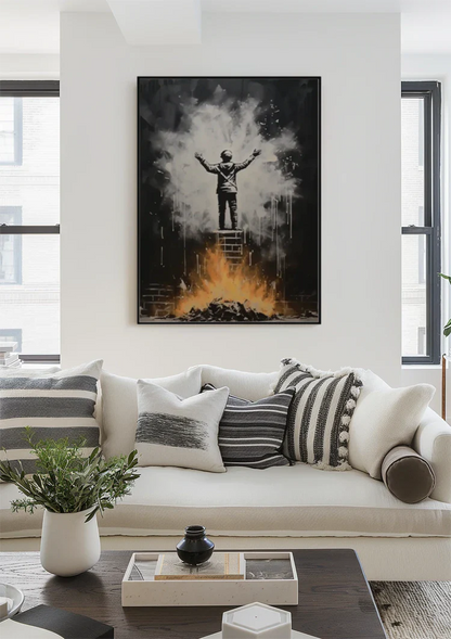 Figure on Ladder with Arms Up Over Flames Street Art Painting