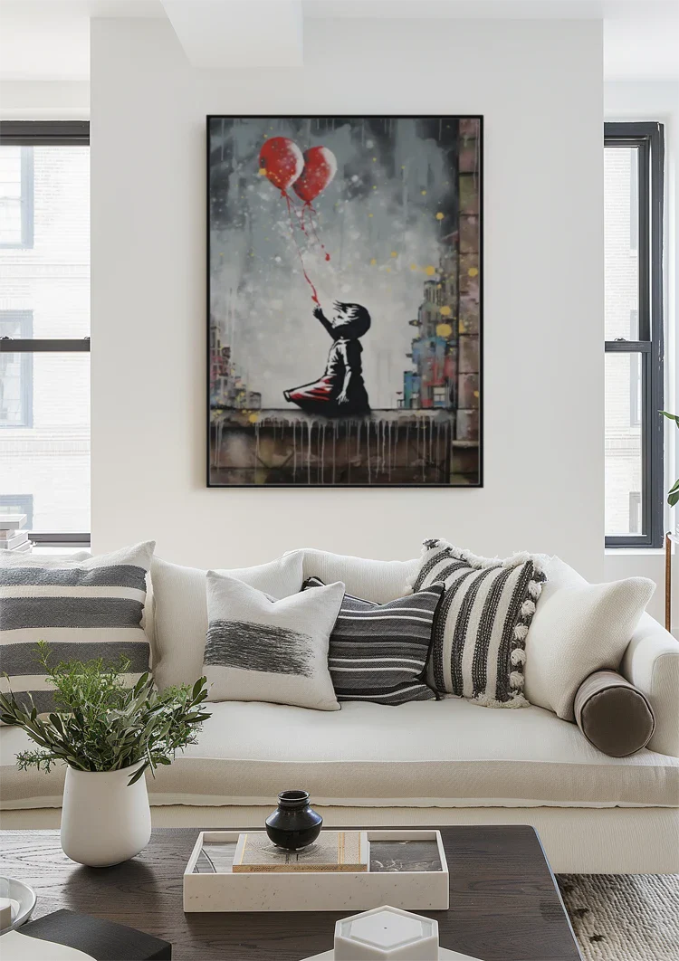 Kind mit roten Herzballons graues Streetart-Gemälde
