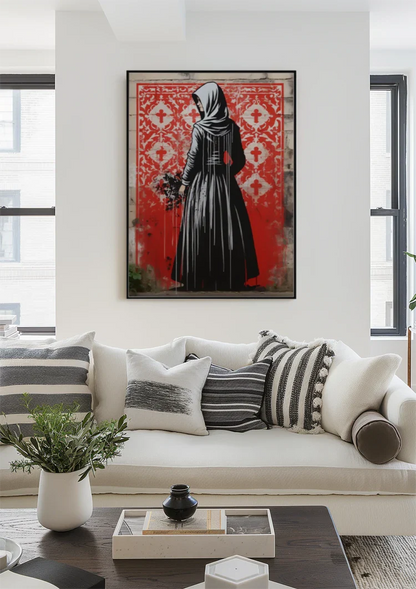 Figuur in Zwarte Mantel met Bloemen op Rode Achtergrond Schilderij