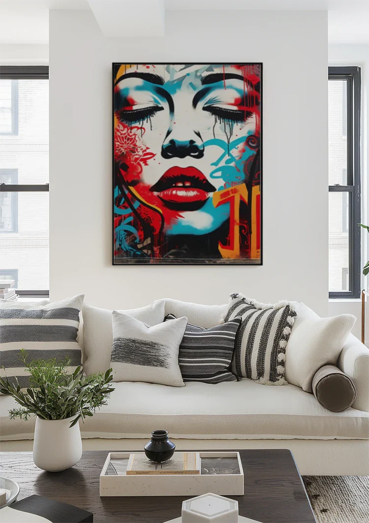 Woman's Face with Red Lips and Blue Tones Pop Art Painting
