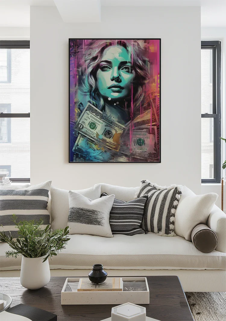 Woman with Dollar Bills Colorful Pop Art Painting