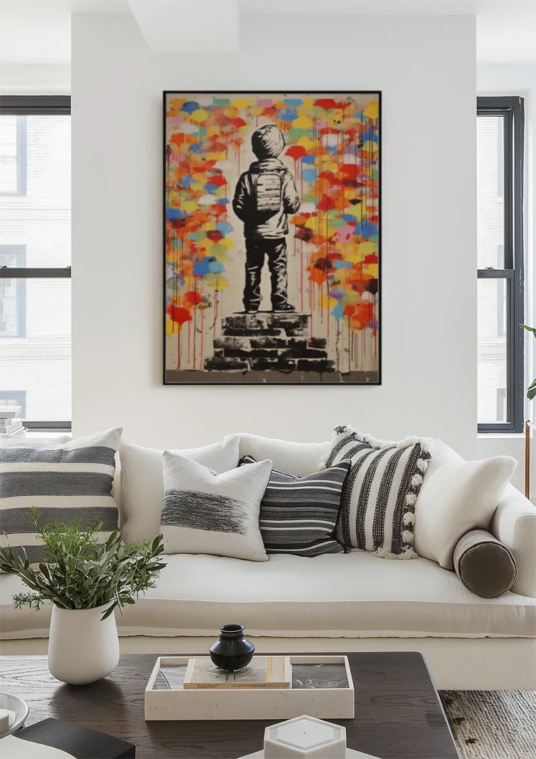 Child With Backpack Colorful Paint Drips Banksy Style Urban Street Art Painting
