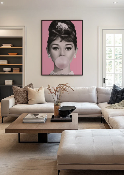 Rosa Kaugummi-Dame Elegante Hochsteckfrisur Pop-Art-Porträtgemälde