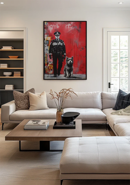 Policeman with Dog Red Graffiti Street Art Painting