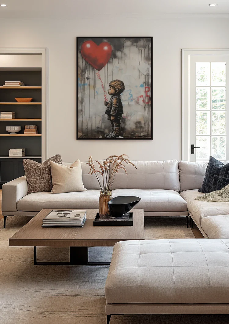 Boy with Red Heart Balloon Banksy Style Realistic Painting