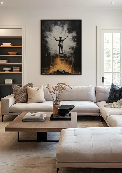 Figure on Ladder with Arms Up Over Flames Street Art Painting