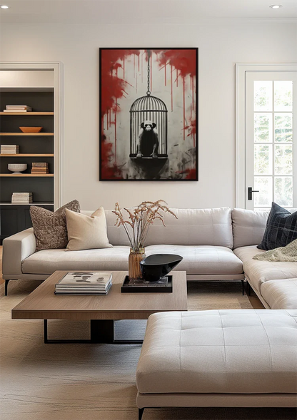 Monkey in Hanging Cage with Red Paint Drips Street Art Painting