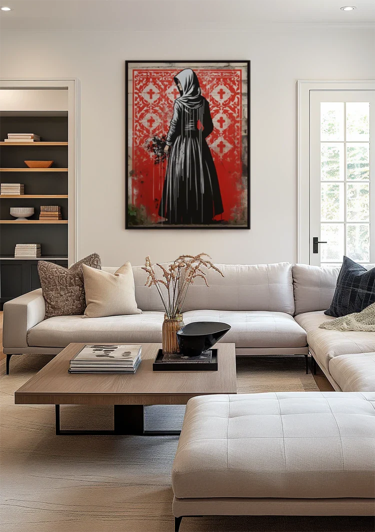 Figuur in Zwarte Mantel met Bloemen op Rode Achtergrond Schilderij