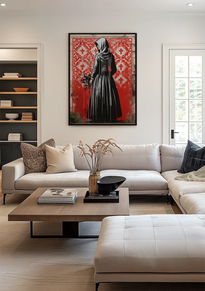 Figuur in Zwarte Mantel met Bloemen op Rode Achtergrond Schilderij