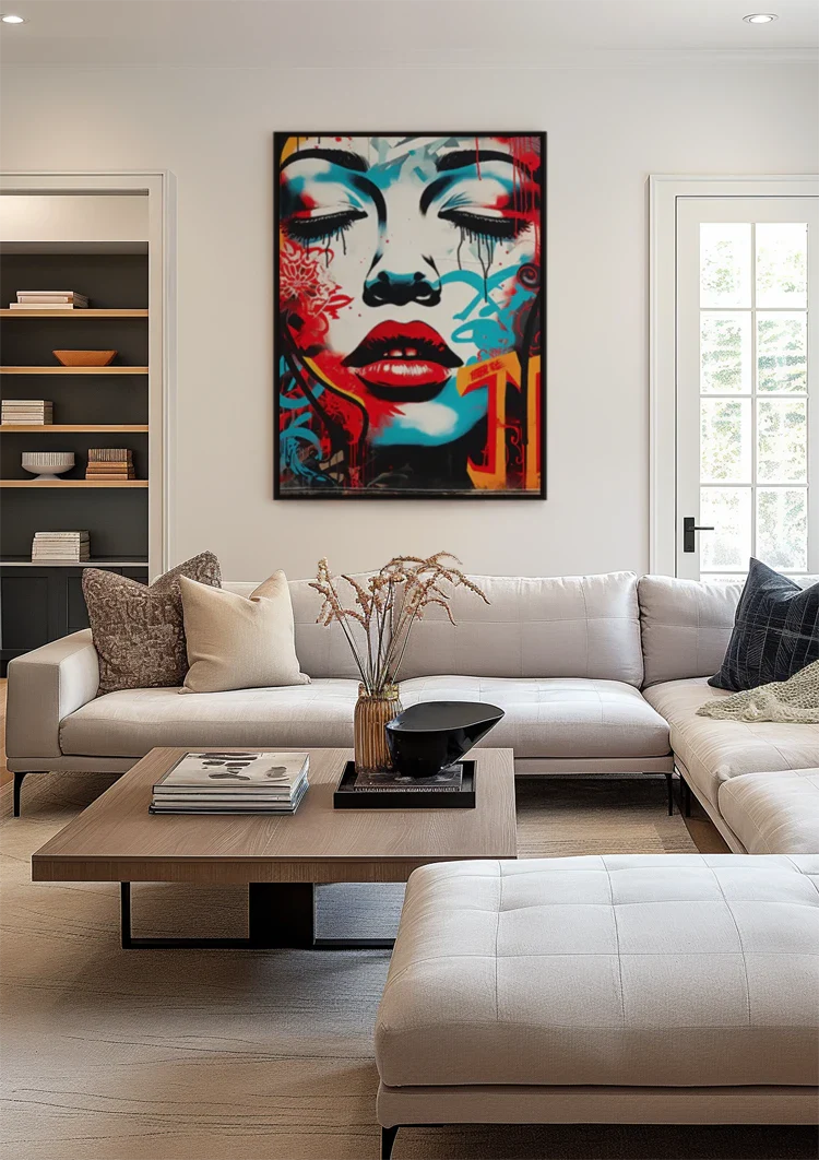 Woman's Face with Red Lips and Blue Tones Pop Art Painting