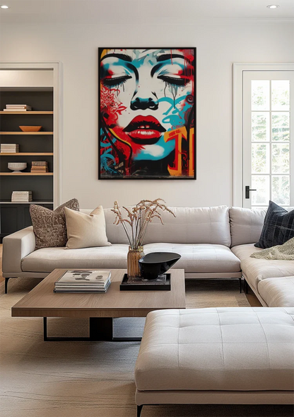 Woman's Face with Red Lips and Blue Tones Pop Art Painting