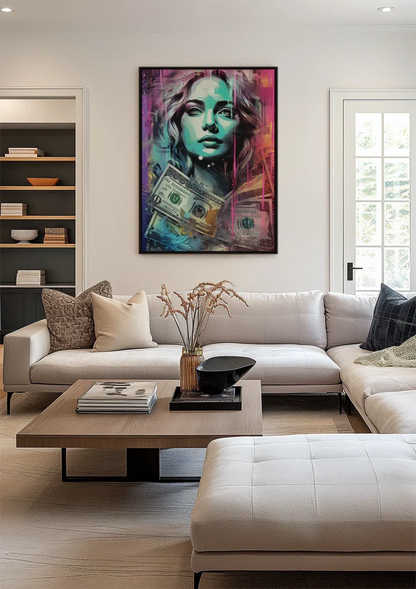 Woman with Dollar Bills Colorful Pop Art Painting
